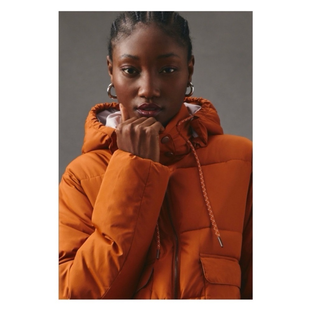 Pilcro Anthropologie rust orange cropped puffer coat hooded XS